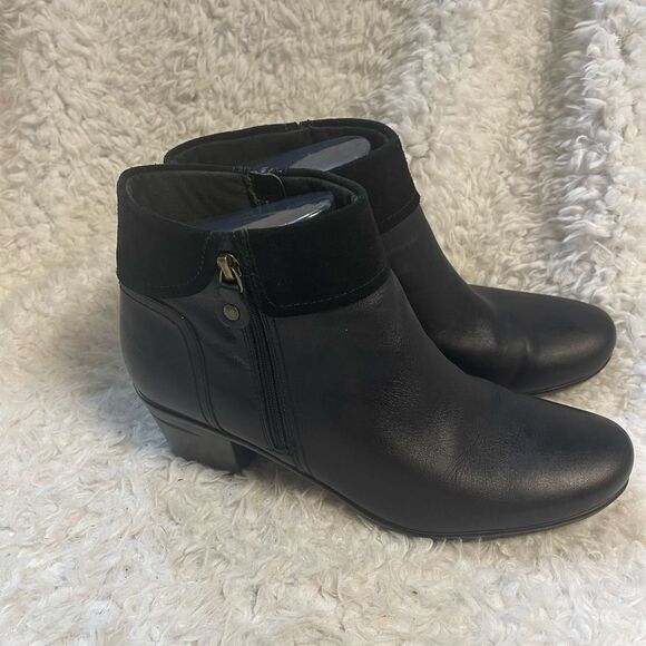 Clarks Emslie Twist soft leather & suede black ankle High Heel boots SZ10M . - Picture 1 of 11